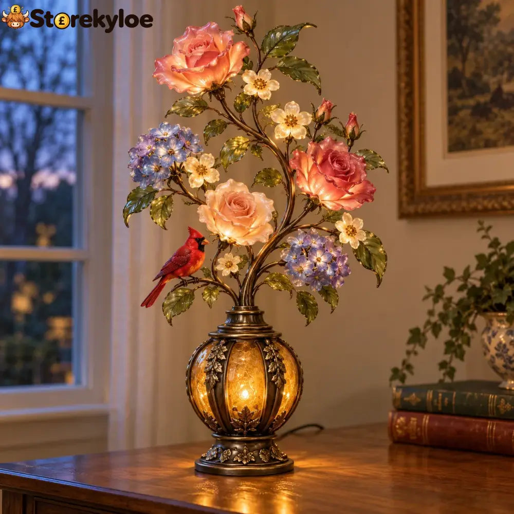 🌹✨ Eternal Bloom – Vintage Rose & Cardinal Table Lamp