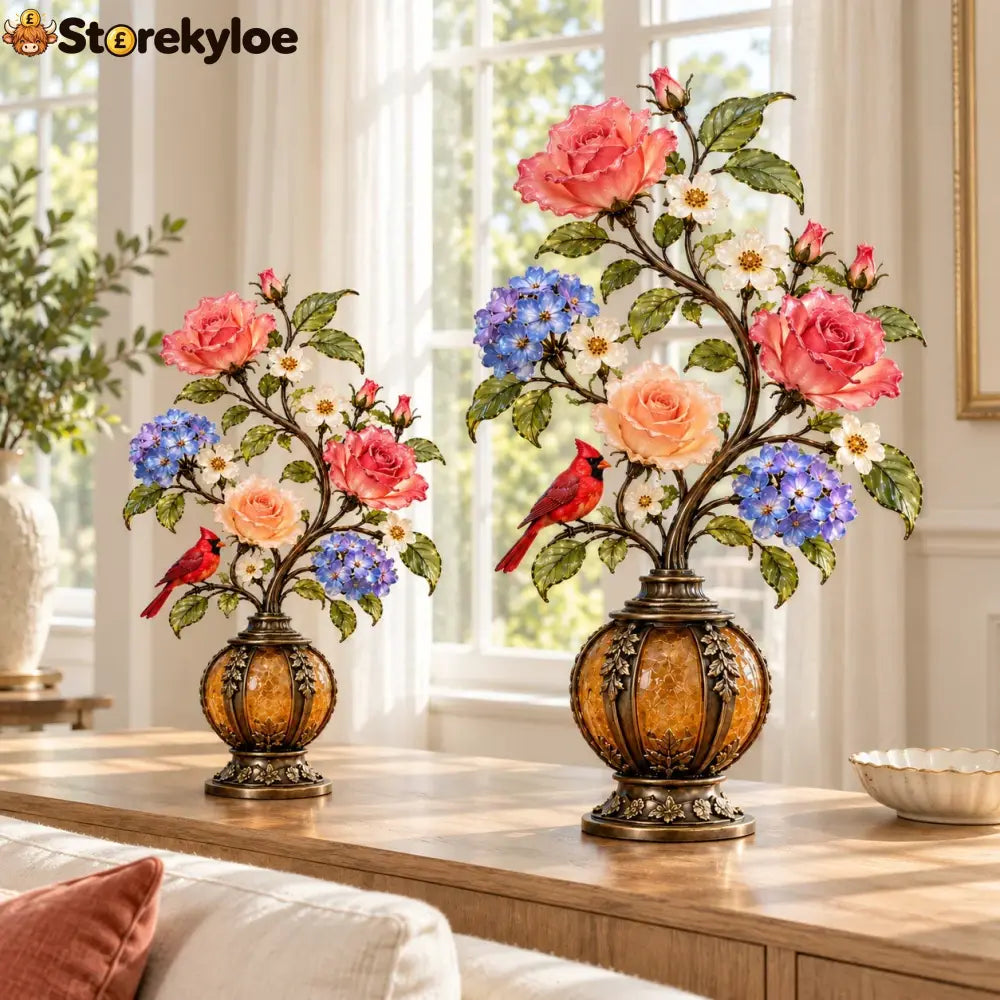 🌹✨ Eternal Bloom – Vintage Rose & Cardinal Table Lamp - Small – 18’ Tree