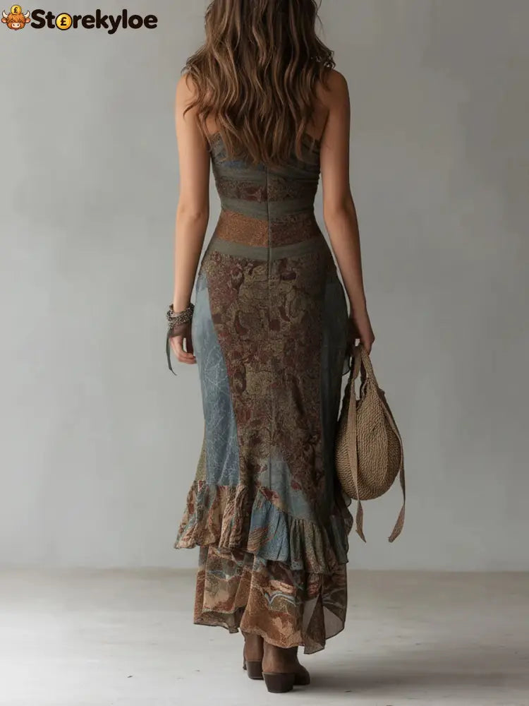 Ethnic-Style Printed One-Shoulder Maxi Dress with High Slit