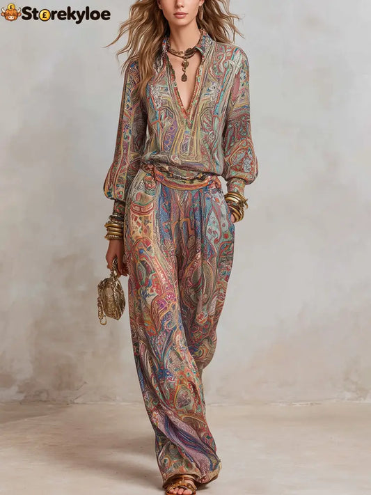 Exquisite paisley print wide leg pantsuit - brown / XS