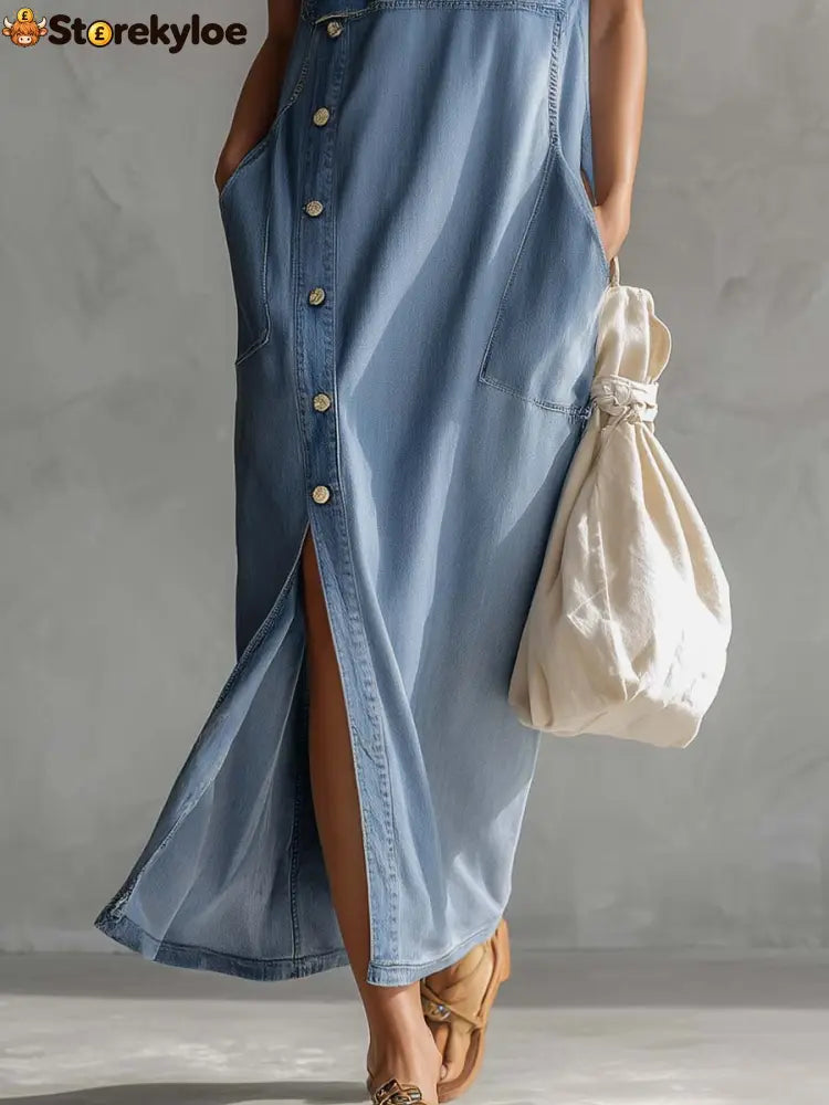Exquisite Vintage Casual Hooded V-neck Zipper Side Slits Buttons Blue Denim Midi Dress