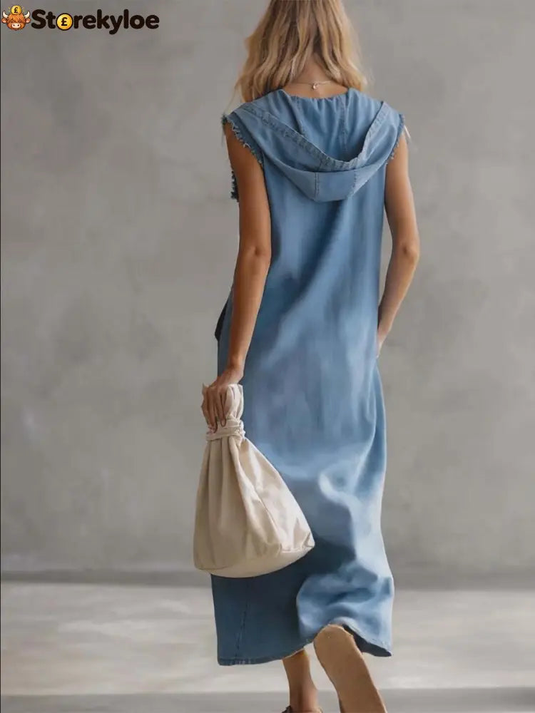 Exquisite Vintage Casual Hooded V-neck Zipper Side Slits Buttons Blue Denim Midi Dress