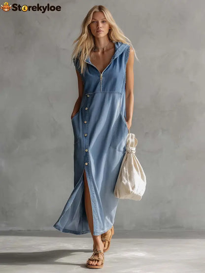 Exquisite Vintage Casual Hooded V-neck Zipper Side Slits Buttons Blue Denim Midi Dress