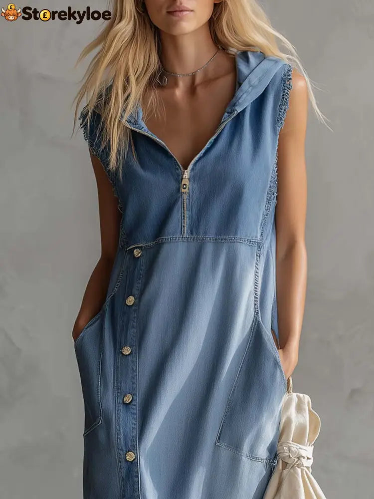 Exquisite Vintage Casual Hooded V-neck Zipper Side Slits Buttons Blue Denim Midi Dress