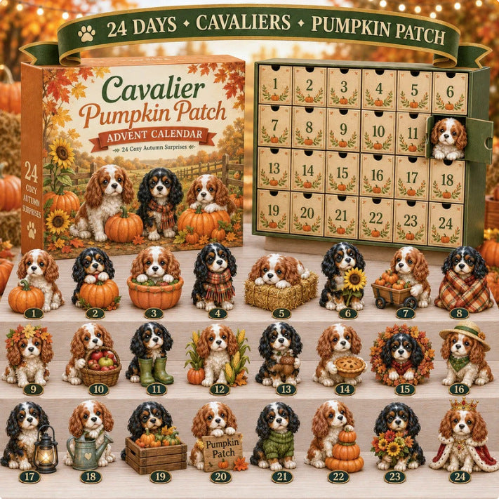CHRISTMAS KICKOFF 49% OFF - 2026 Cavalier Pumpkin Patch Advent Calendar - 24‑Day Festive Countdown, Autumn Fall Pumpkin Themed Cavalier Collectible Miniatures Blind Box - Gift For Fall & Dog Lovers