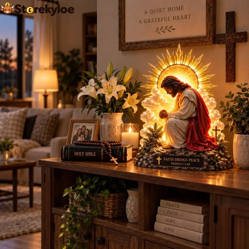 ✨🙏 Faith Brings Peace™, Illuminated Praying Jesus Figurine
