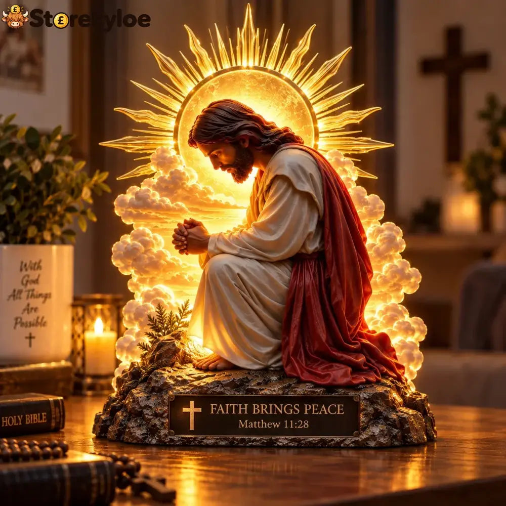 ✨🙏 Faith Brings Peace™, Illuminated Praying Jesus Figurine - Faith Brings Peace