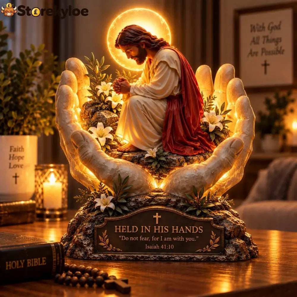 ✨🙏 Faith Brings Peace™, Illuminated Praying Jesus Figurine - Held in His Hands