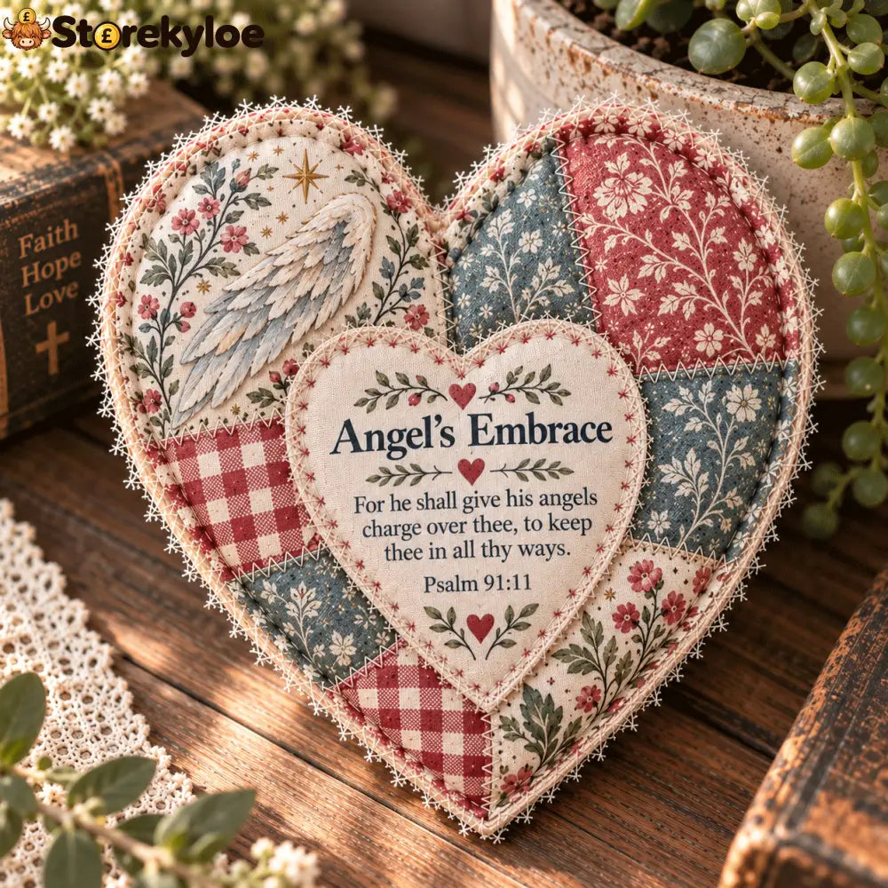 ❤️ Faith & Comfort Patchwork Heart Decor – Scripture-Inspired Keepsake - Angel’s Embrace