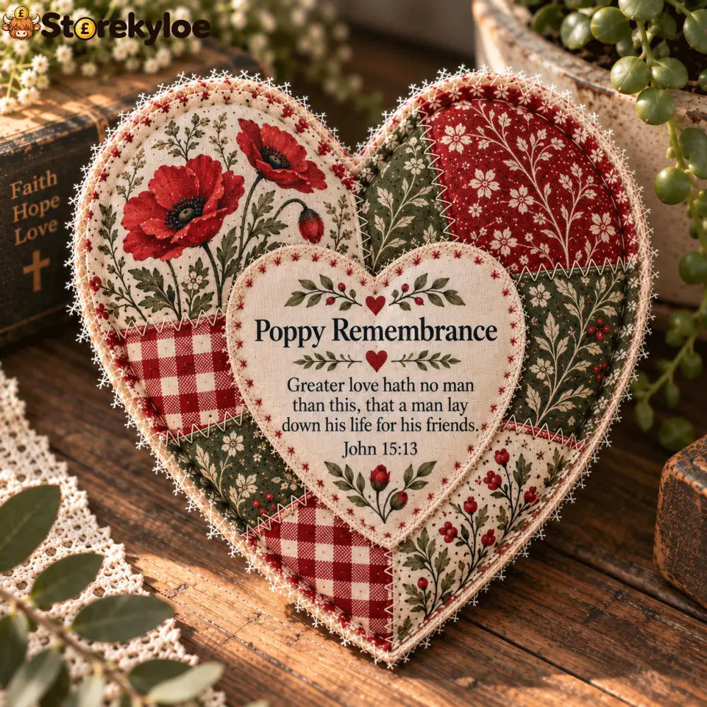❤️ Faith & Comfort Patchwork Heart Decor – Scripture-Inspired Keepsake - 🌺 Poppy Remembrance