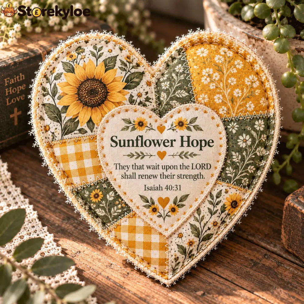 ❤️ Faith & Comfort Patchwork Heart Decor – Scripture-Inspired Keepsake - 🌻 Sunflower Hop