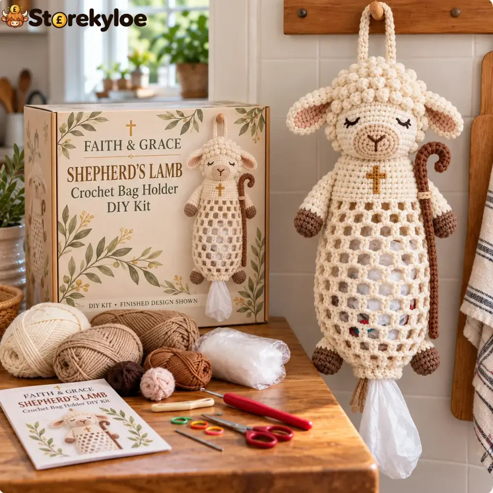 ✝️ Faith & Grace™ Christian Crochet Bag Holder Diy Kit – Hanging Grocery Bag Organizer & Meaningful Craft Gift - 🐑