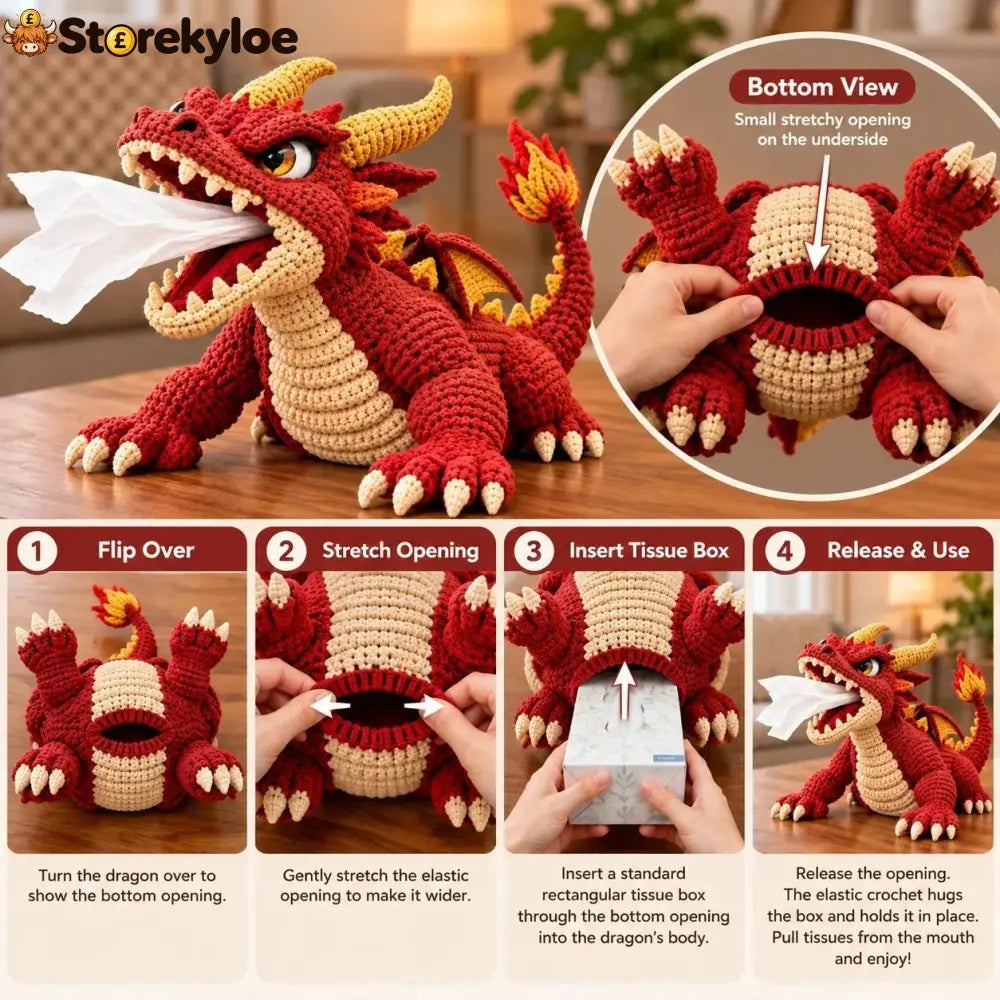 🐉 Fantasy Crochet Tissue Box Cover DIY Kit | Dragon or Lava Turtle Design with Functional Tissue Dispenser 🧶