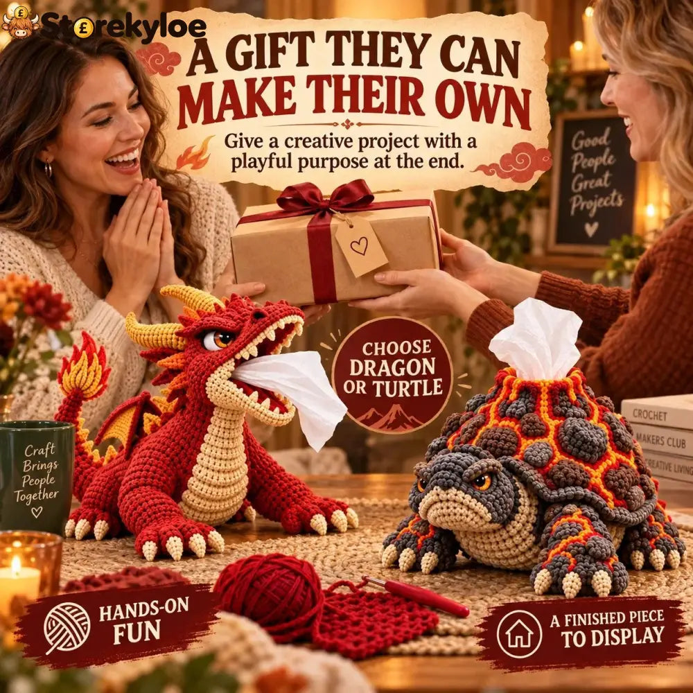 🐉 Fantasy Crochet Tissue Box Cover DIY Kit | Dragon or Lava Turtle Design with Functional Tissue Dispenser 🧶