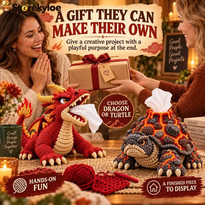 🐉 Fantasy Crochet Tissue Box Cover DIY Kit | Dragon or Lava Turtle Design with Functional Tissue Dispenser 🧶