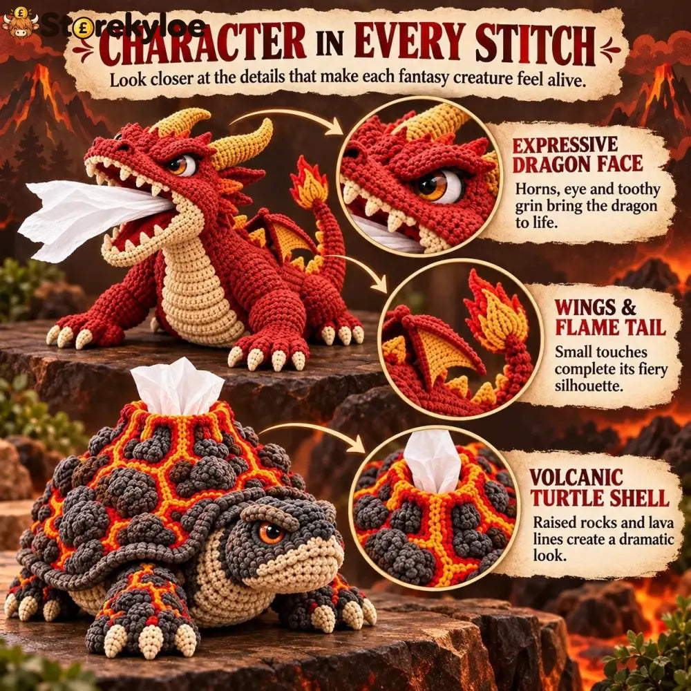 🐉 Fantasy Crochet Tissue Box Cover DIY Kit | Dragon or Lava Turtle Design with Functional Tissue Dispenser 🧶