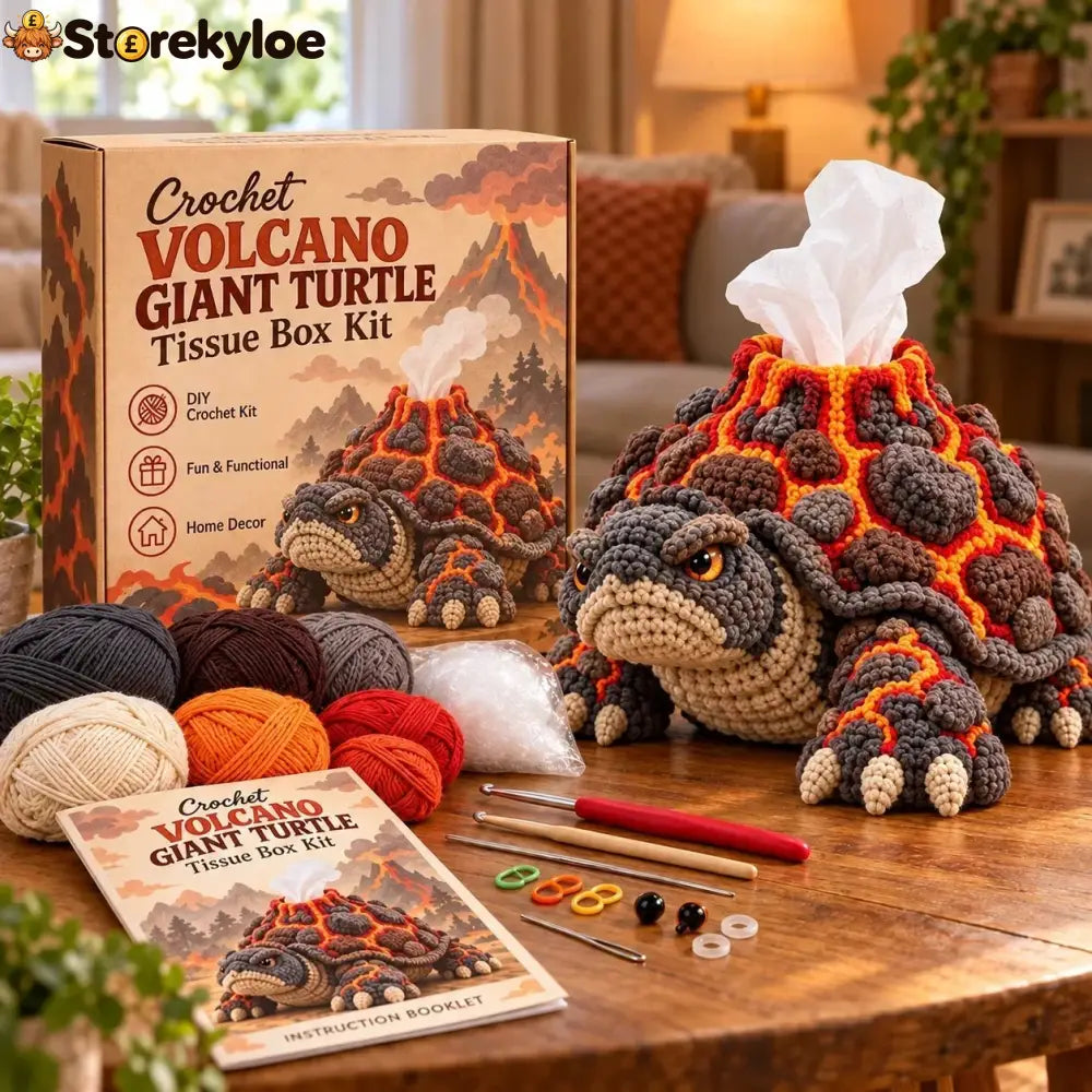 🐉 Fantasy Crochet Tissue Box Cover DIY Kit | Dragon or Lava Turtle Design with Functional Tissue Dispenser 🧶 - 🔥 Lava