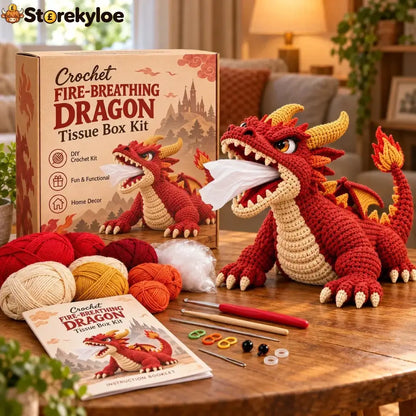 🐉 Fantasy Crochet Tissue Box Cover DIY Kit | Dragon or Lava Turtle Design with Functional Tissue Dispenser 🧶 - 🐉