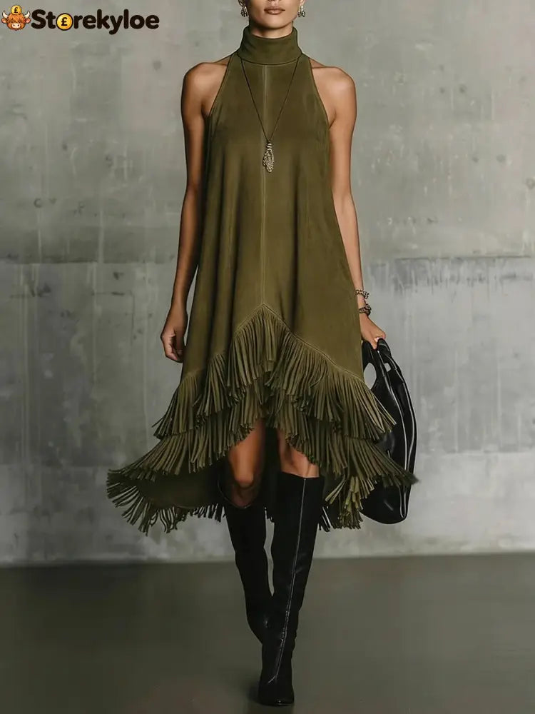 Fashion Tassel Vest Women’S Slim Sleeveless Vest Dress - Army green / S