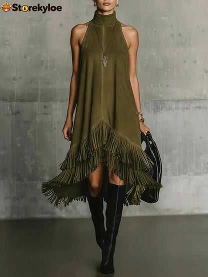 Fashion Tassel Vest Women’S Slim Sleeveless Vest Dress - Army green / S