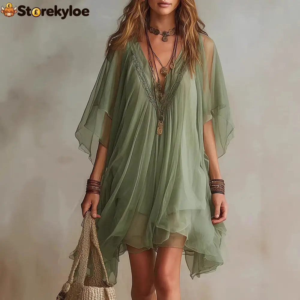 Fashion V-Neck Chiffon 2-Piece Dress Seaside Vacation Loose Blouse Beach Skirt