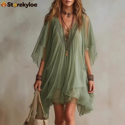 Fashion V-Neck Chiffon 2-Piece Dress Seaside Vacation Loose Blouse Beach Skirt
