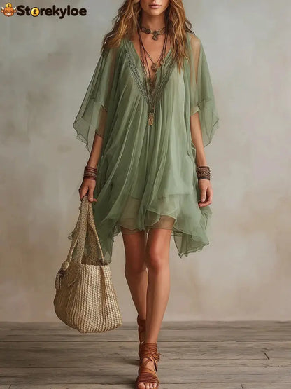 Fashion V-Neck Chiffon 2-Piece Dress Seaside Vacation Loose Blouse Beach Skirt - Green / XS