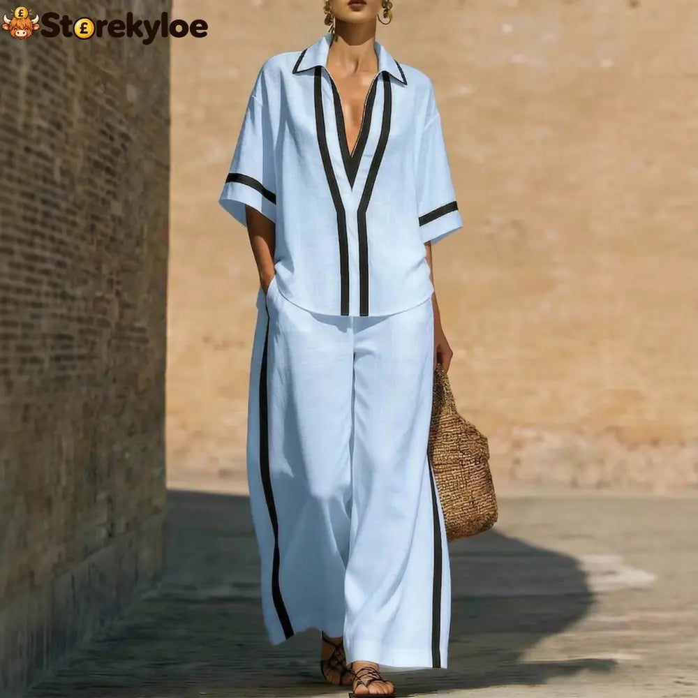 Fashionable Color-Block Two-Piece Set: Casual Short-Sleeve Shirt and Wide-Leg Pants