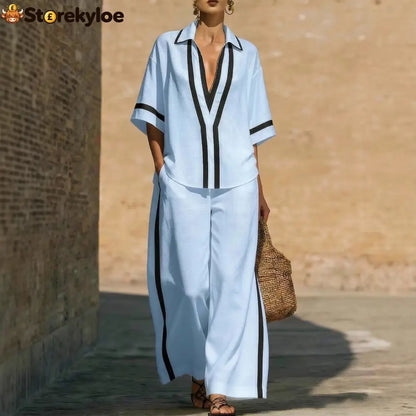 Fashionable Color-Block Two-Piece Set: Casual Short-Sleeve Shirt and Wide-Leg Pants