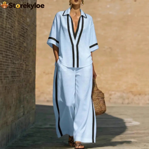 Fashionable Color-Block Two-Piece Set: Casual Short-Sleeve Shirt and Wide-Leg Pants