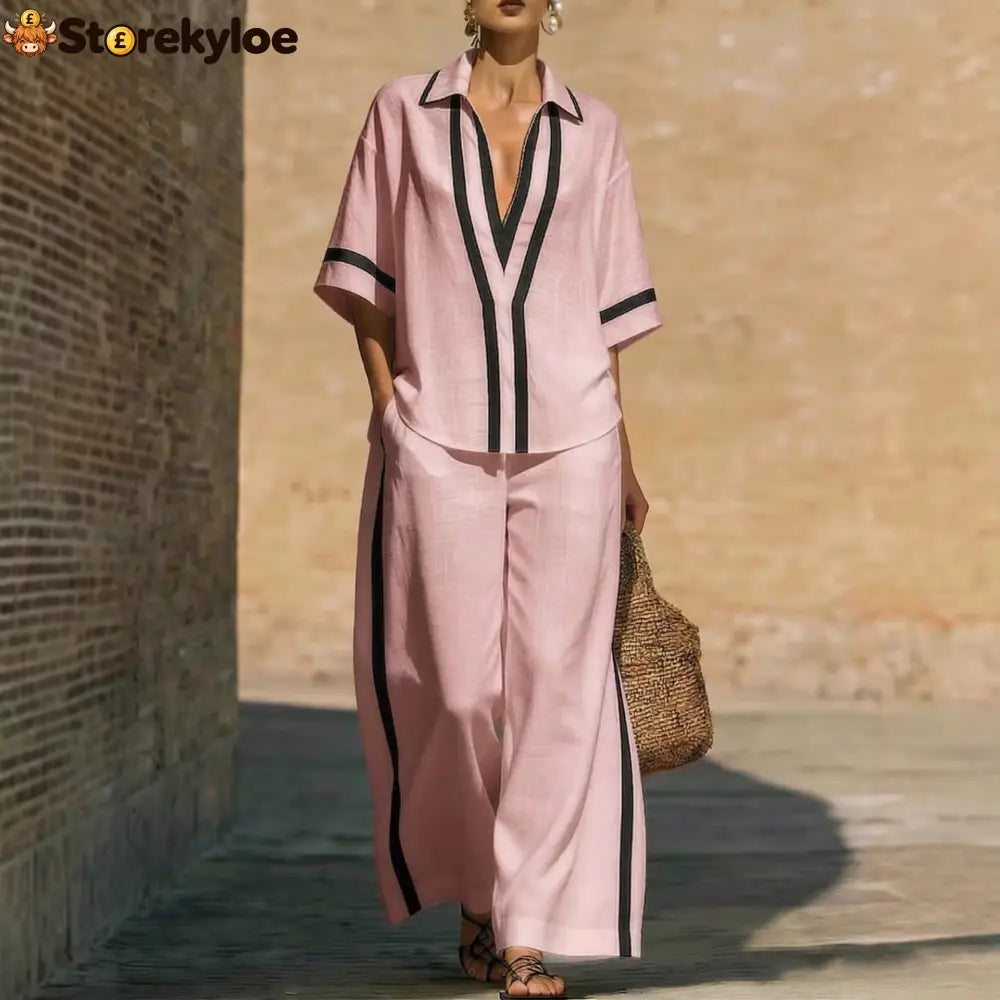 Fashionable Color-Block Two-Piece Set: Casual Short-Sleeve Shirt and Wide-Leg Pants