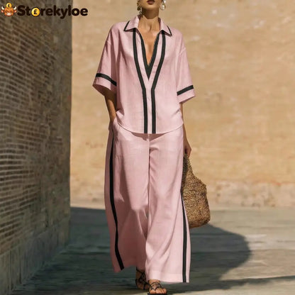 Fashionable Color-Block Two-Piece Set: Casual Short-Sleeve Shirt and Wide-Leg Pants