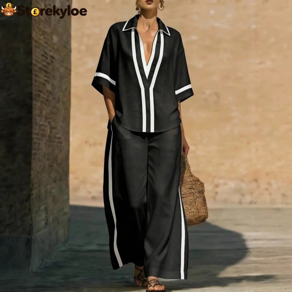 Fashionable Color-Block Two-Piece Set: Casual Short-Sleeve Shirt and Wide-Leg Pants