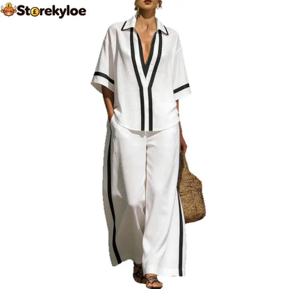 Fashionable Color-Block Two-Piece Set: Casual Short-Sleeve Shirt and Wide-Leg Pants