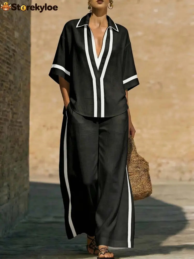 Fashionable Color-Block Two-Piece Set: Casual Short-Sleeve Shirt and Wide-Leg Pants - Black / S