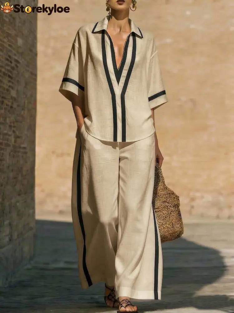 Fashionable Color-Block Two-Piece Set: Casual Short-Sleeve Shirt and Wide-Leg Pants - Khaki / S
