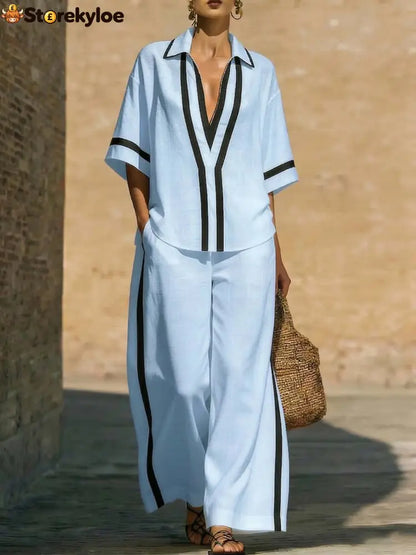 Fashionable Color-Block Two-Piece Set: Casual Short-Sleeve Shirt and Wide-Leg Pants - Light Blue / S