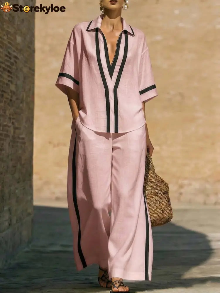 Fashionable Color-Block Two-Piece Set: Casual Short-Sleeve Shirt and Wide-Leg Pants - Pink / S