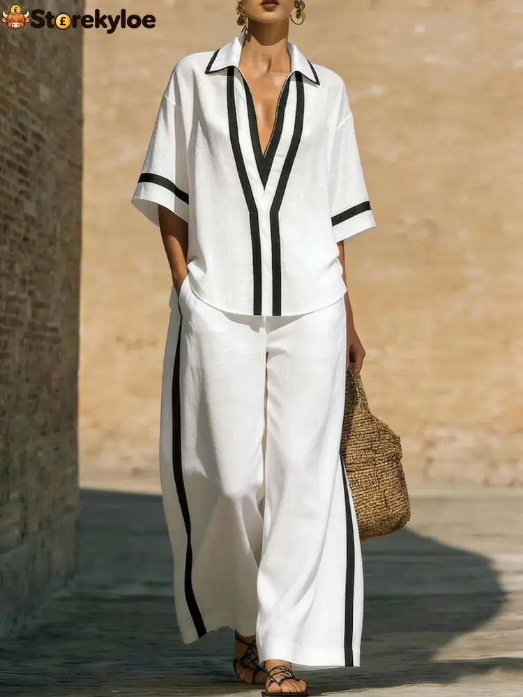 Fashionable Color-Block Two-Piece Set: Casual Short-Sleeve Shirt and Wide-Leg Pants - White / S