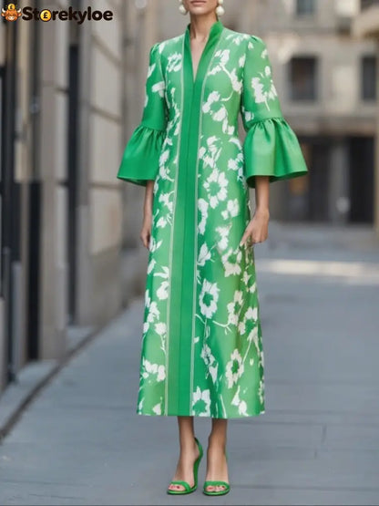 Flared Sleeves Loose Flower Print Pleated Pockets Split-Side V-Neck Maxi Dresses