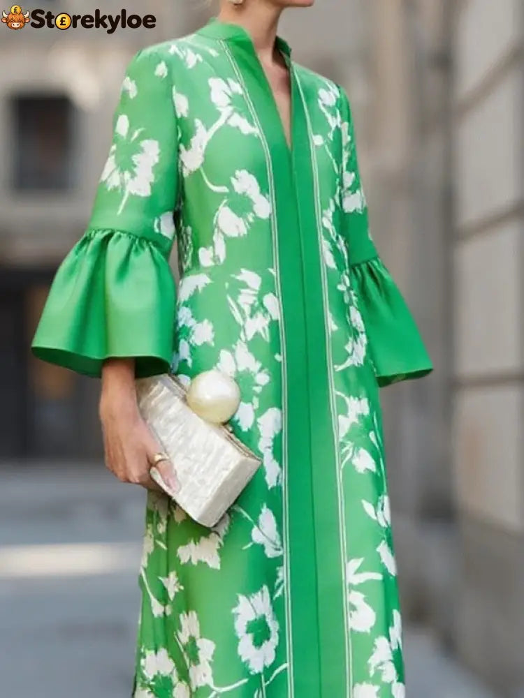 Flared Sleeves Loose Flower Print Pleated Pockets Split-Side V-Neck Maxi Dresses