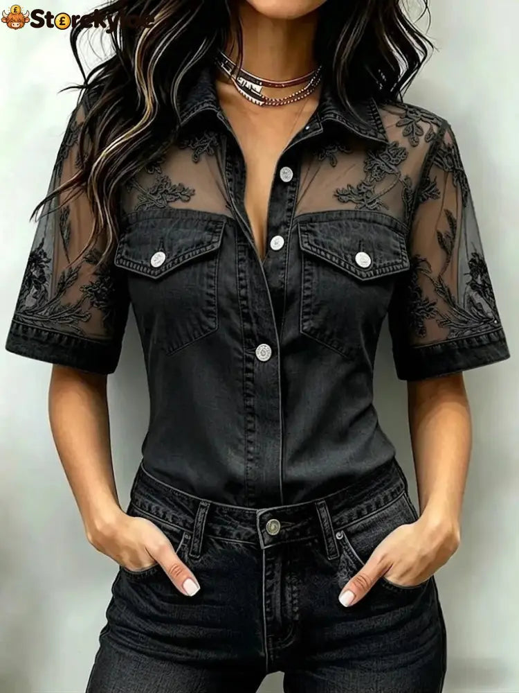 Floral Lace Mesh Denim Shirt - Black / S