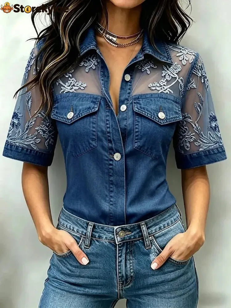 Floral Lace Mesh Denim Shirt - Dark blue / S