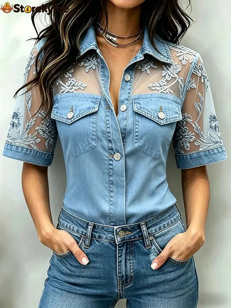 Floral Lace Mesh Denim Shirt - Light blue / S
