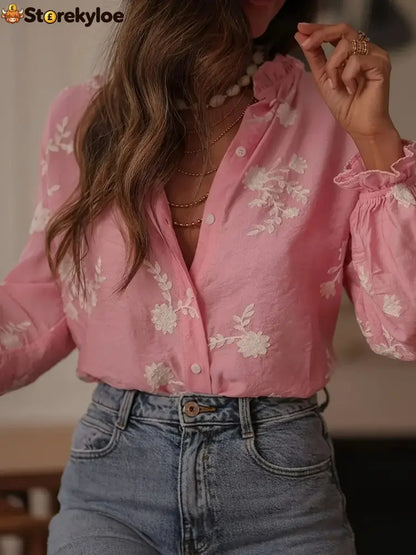 Flower Button Up Long Sleeve Shirt - Pink / S