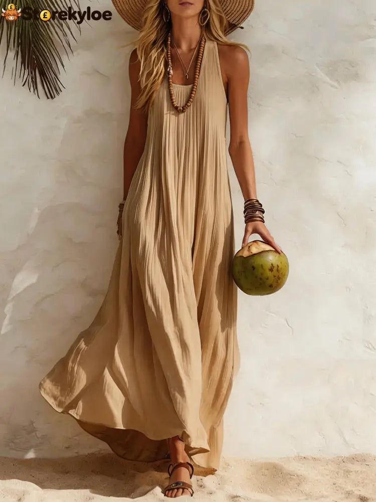 Flowy Halter Maxi Dress - Khaki / S
