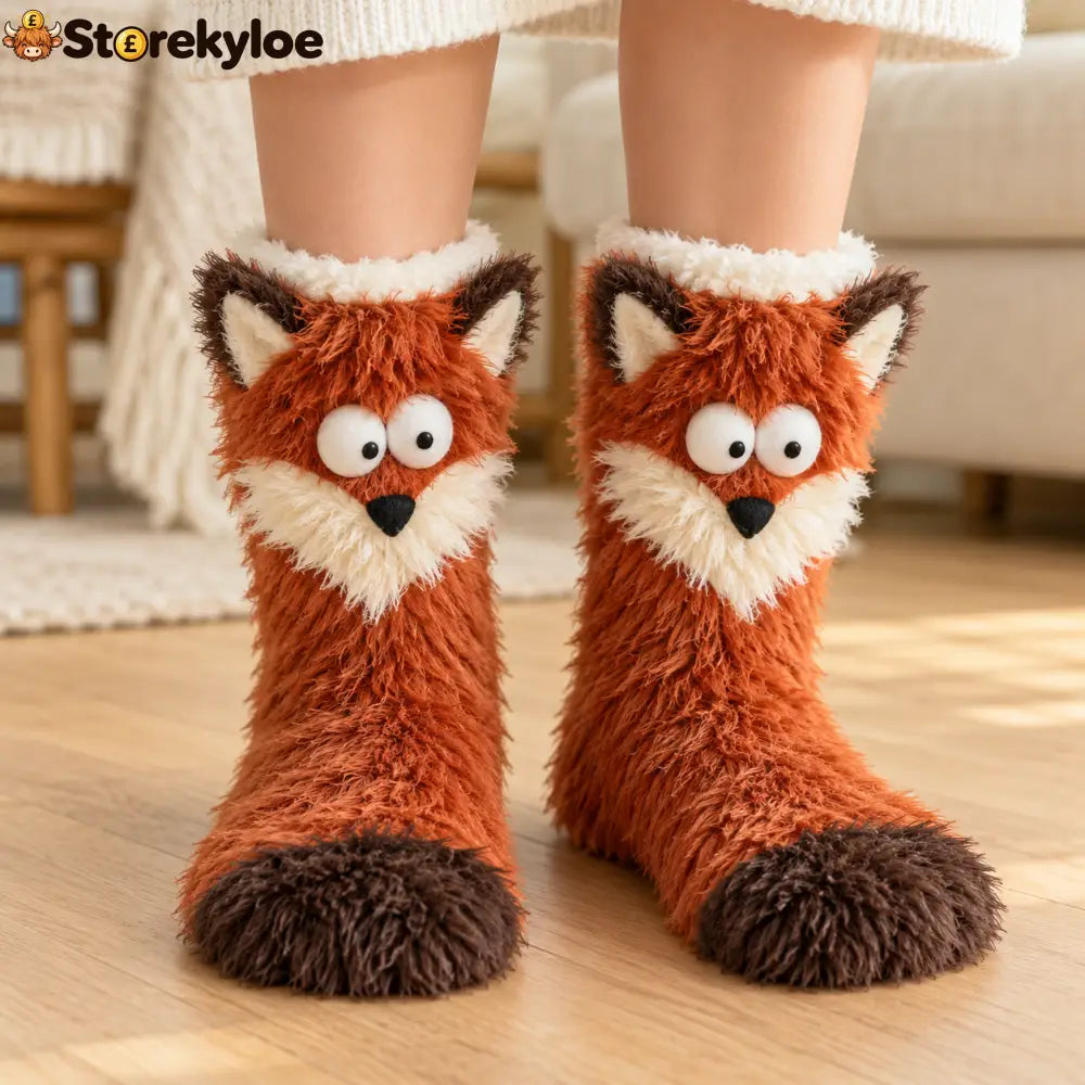 🧦 FLUFFY WOODLAND CRITTER SLIPPER SOCKS - Fox