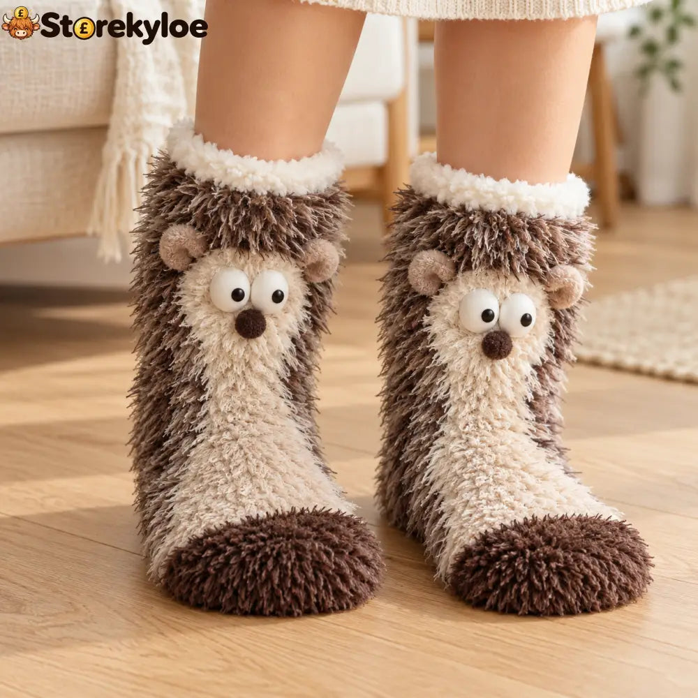 🧦 FLUFFY WOODLAND CRITTER SLIPPER SOCKS - Hedgehog