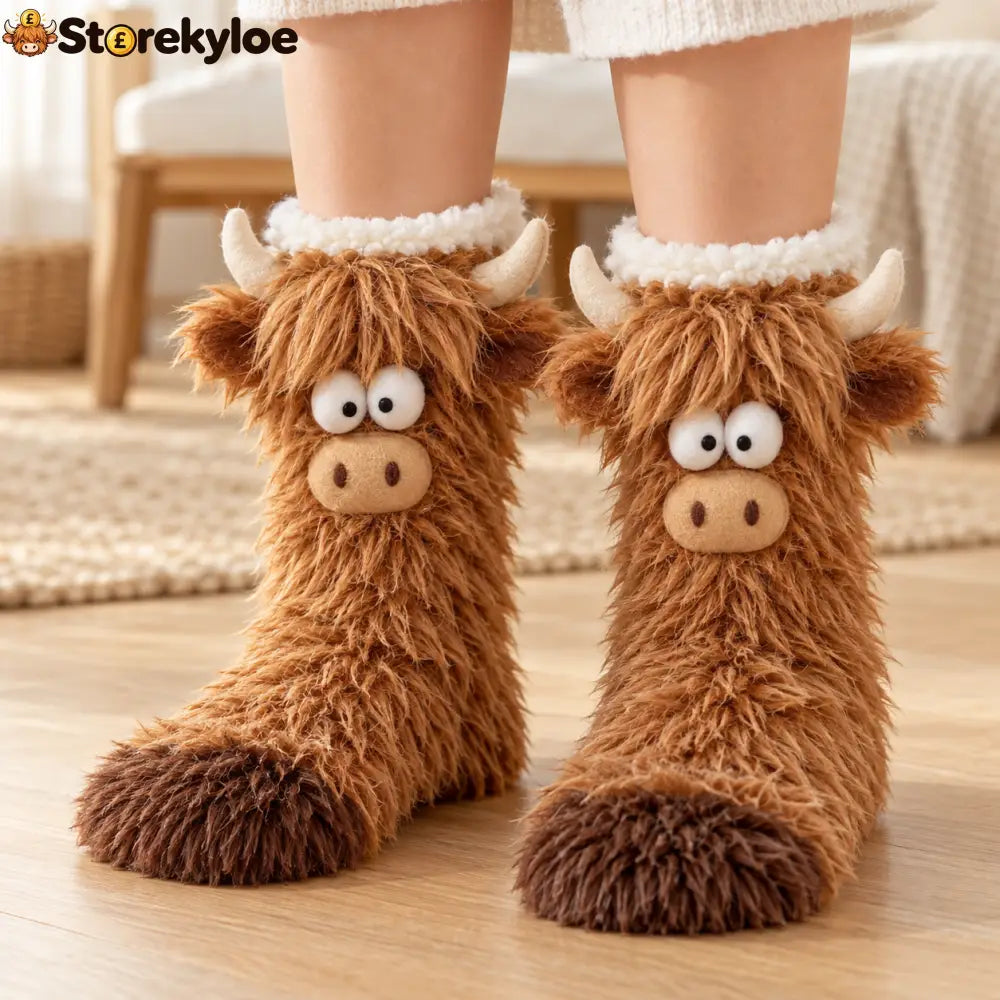 🧦 FLUFFY WOODLAND CRITTER SLIPPER SOCKS - Highland Cow