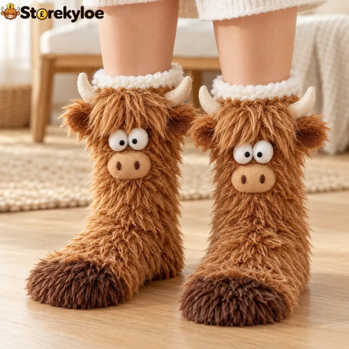 🧦 FLUFFY WOODLAND CRITTER SLIPPER SOCKS - Highland Cow